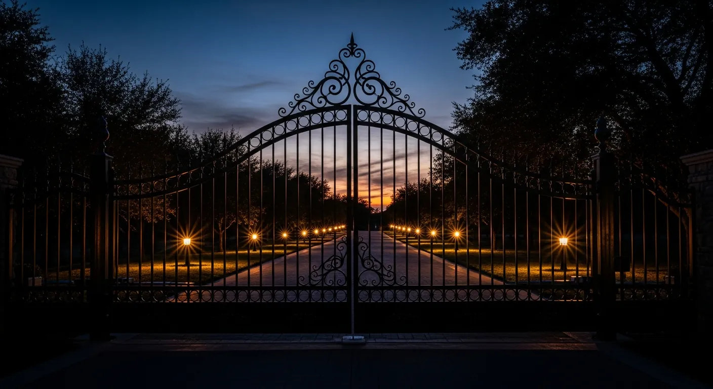 Ornamental steel driveway gate at twilight