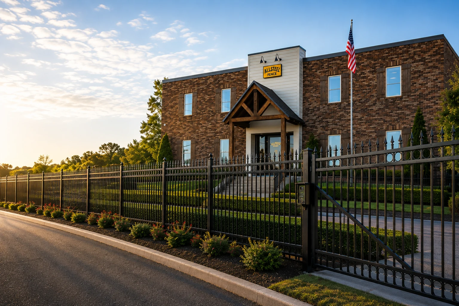 Allsteel Fence office building with ornamental steel fence and gate