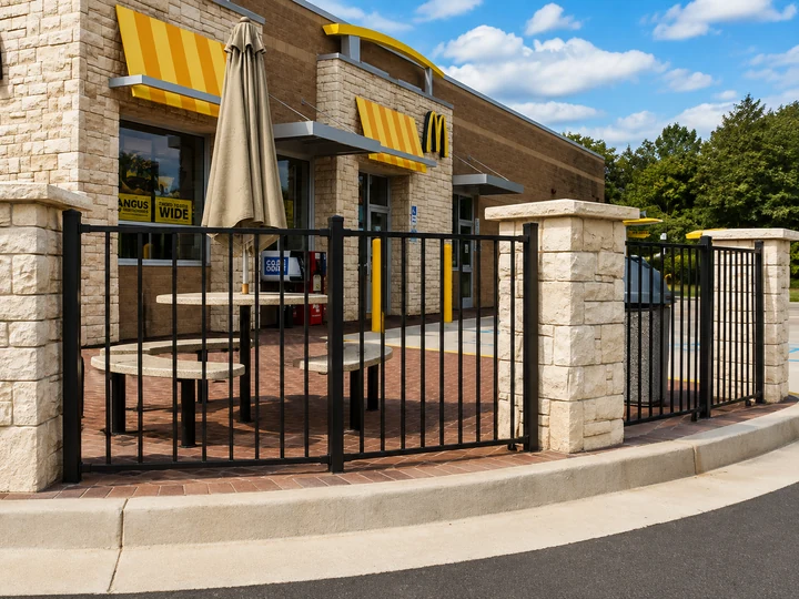 Commercial ornamental fence at a business entrance