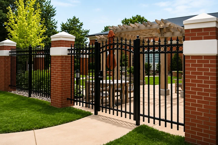 Ornamental steel fence and gate at a brick entrance